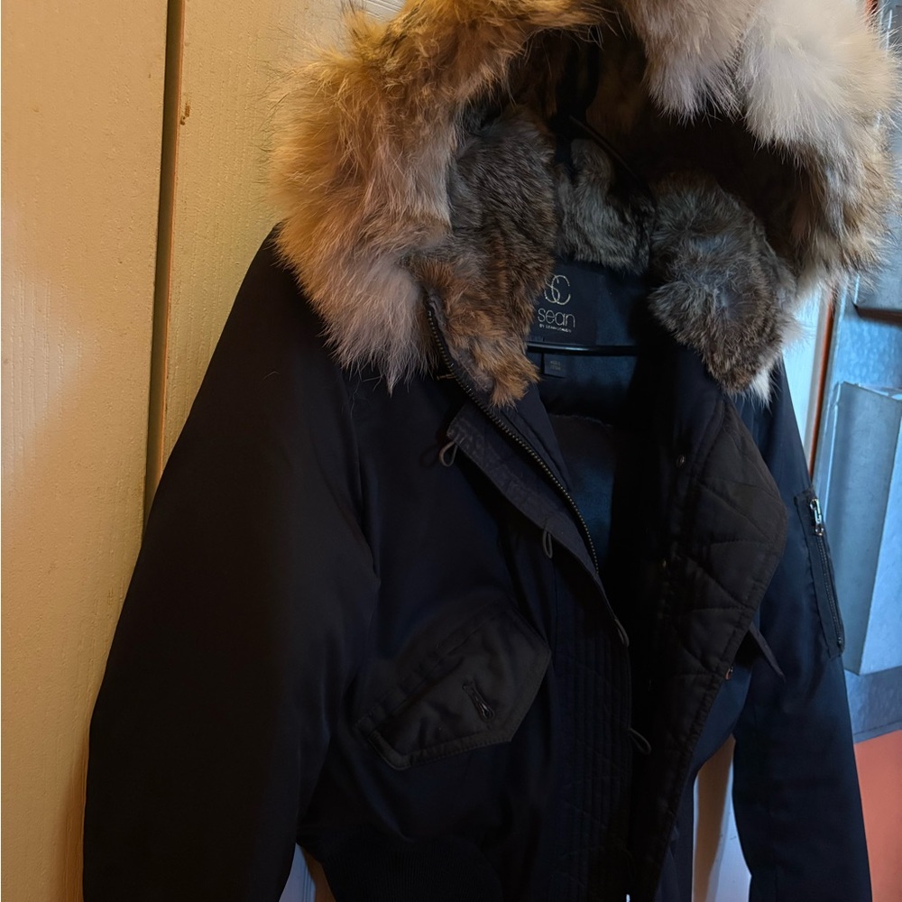 Black Puffer Jacket with Rabbit Fur Trim - Picture 3 of 5